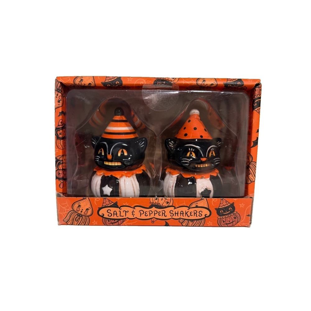 Johanna Parker Black Cat Carnival Salt and Pepper Shakers Halloween New Boxed